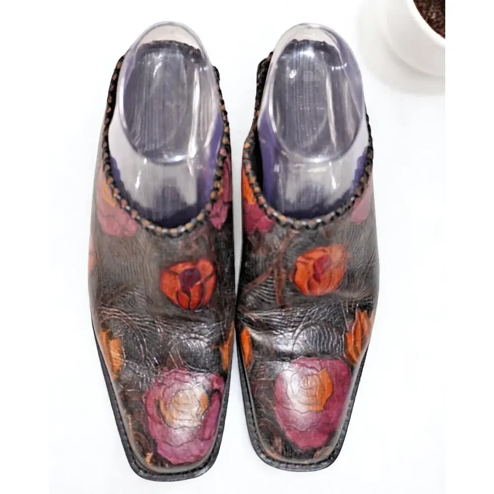 Vintage Floral Tooled Leather Mules Women 8 Handmade Brazil - Picture 5 of 10